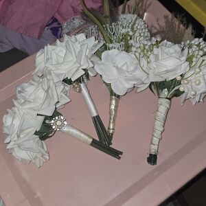 White Rose Bridal Bouquet Set — Satin-Wrapped Stems Set Of 4 Bouquets
